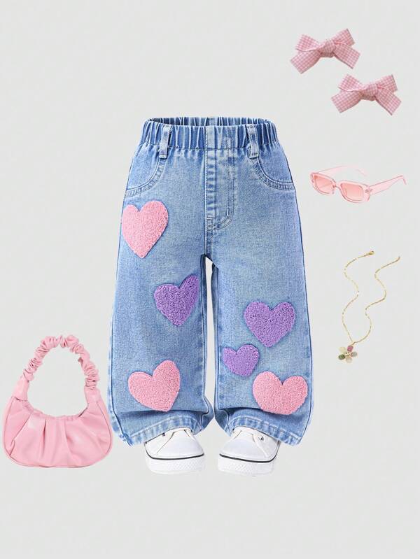 Baby Girls Casual Urban Heart Embroidered Elastic Waist Wide-Leg Jeans
