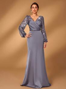 Serin Váy dài tay chữ A bằng vải satin xếp nếp thêu kim sa lấp lánh thanh lịch, cổ tim xếp nếp, thích hợp cho tiệc Gala, tiệc tối, đám cưới, váy dạ hội cho mẹ cô dâu - Xám - Xem 1