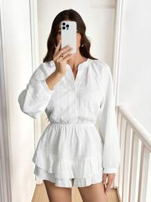 SHEIN Tall Women's Solid Color V-Neck Raglan Sleeve Ruffle Hem Jumpsuit - White - View 8