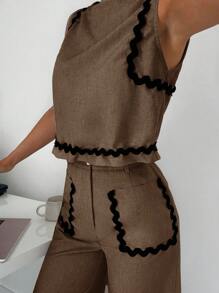 Siren Gaze 2 件套女士夏季服装，撞色饰边休闲宽松上衣和纯色休闲裤套装，适合日常、工作、通勤