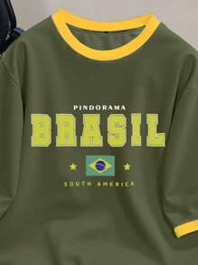 Camiseta con parches para hombres Manfinity Hypemode, estampado con elementos y letras de fútbol de Brasil en verde y amarillo, parches de contraste de color en manga corta - Verde - Ver 3