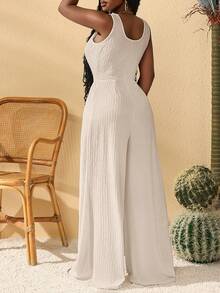 Slaydiva 春夏休闲度假新款秀安简约圆领无袖前片英文Logo印花阔腿超长裤波浪纹千叶图案针织白色女连体裤-A - 杏色 - 查看 2