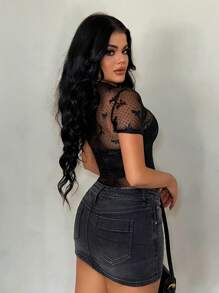 SHEIN SXY Bộ đồ liền thân tay ngắn bằng lưới jacquard chấm bi nơ mỏng gợi cảm cho nữ mùa hè - màu đen - Xem 2