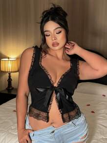 Dazy Plus Plus Size Contrast Lace Up Cropped Open Front Black Camisole And Tank Top Going Out Tops Vacation - Black - View 7