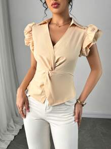 Elenzga Women's Solid Color Cap Sleeve Waist Twist Design V-Neck Blouse - Apricot - View 4