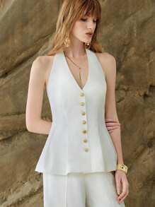 SHEIN LUNE 女士 2 件春夏套装：露背吊带上衣和高腰裤，白色，修身，优雅淑女风格，商务休闲女装，女士办公室服装，全白女装，2 件套夏季 - 白色 - 查看 10