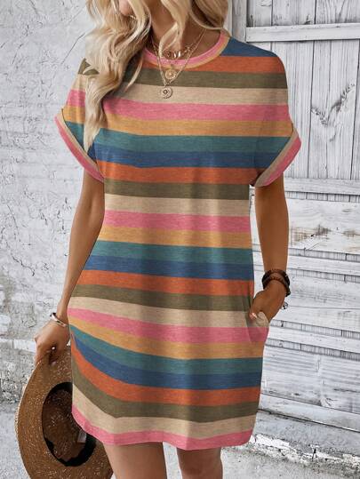 INAWLY Colorful Striped Print Round Neck Short Sleeve Summer Dress