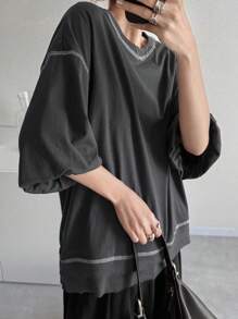 FRIFUL Camiseta Solta Feminina com Bloco de Cores e Listras Contrastantes, Concerto Feminino de Verão