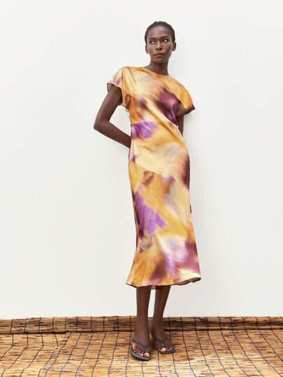 Maija 女士优雅浪漫扎染印花缎面短袖连衣裙，夏季