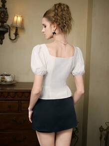 SHEIN MOD French Romantic Square Collar Puff Sleeve Blouse With Bowknot And A-Line Hem,Puff Sleeves,Honeymoon Woman,Vacation Woman,Women Birthday, Brunch,Going Out Tops Women,Y2k - Yellow - View 4