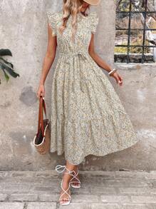 SHEIN LUNE Casual Women Ditsy Floral Cap Sleeve Midi Dress - White - View 4