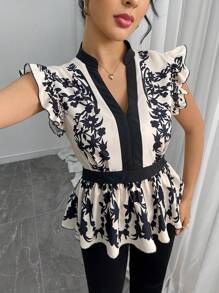 Chiquease Blusa con escote en V elegante y volante en el bajo, casual y de moda, apropiada para uso diario en verano - Multicolor - Ver 7