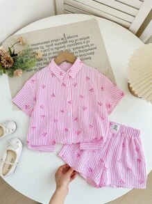 Bộ 2 áo sơ mi kẻ sọc dệt trang trí nơ + quần short rộng rãi, thích hợp cho các buổi đi chơi, tiệc tùng, mua sắm cho các bé gái - Hồng - Xem 2