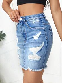 SHEIN Tall Mid-Waist Distressed Raw Hem Washed Denim Mini Skirt