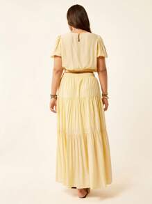 SHEIN LUNE Plus Size Solid Color Round Neck Puff Sleeve Shirt + Cream Yellow A-Line Midi Skirt, Casual Holiday Style Slouchy Casual Style Casual Wear Holiday Style Cream Yellow Two-Piece Suitow Two-Piece Suit Fall Women Clothes School Clothes Country Outfits Women Teacher Outfits For Women Country Outfits Women