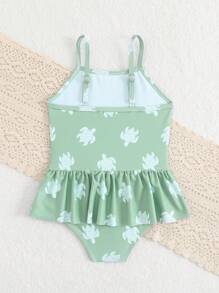 Infant/Toddler Girls' Summer Beach Vacation New Turtle Digital Print Ruched One-Piece Swimsuit Toddler Girl Beach Clothes Summer Clothes For Toddlers Summer Dresses For Toddler Girl Toddler Dresses Summer - Green - View 5