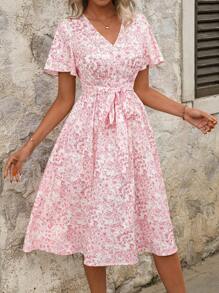 SHEIN Clasi 浪漫碎花夏季休闲连衣裙波西米亚粉色连衣裙，女士太阳裙，波西米亚风格服装