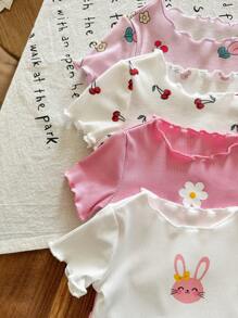 SHEIN LMoss Kids 4pcs Newborn Baby Girl Cute Knitted Rabbit & Ditsy Floral Short Sleeve Bodysuit Set, Summer Graphic