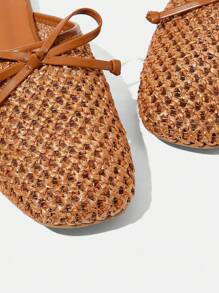 Styleloop 1厘米鞋跟棕色编织材料蝴蝶结装饰 PU 方头平底鞋，度假风格时尚舒适一脚蹬鞋，波西米亚西部音乐节派对装 - 棕色 - 查看 11