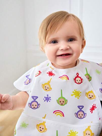 Teletubbies X SHEIN 6-24Months Baby/Toddlers Waterproof Anti-Oil Anti-Fouling Bibs TPU Material, Cute Cartoon Patterns For Boys And Girls, Suitable For Eating Supplementary Food, Soft And Lightweight, Foldable And Portable