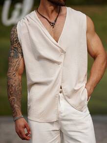 Manfinity RSRT 加大码男士纯色单排扣褶裥休闲上衣，夏季 - 杏色 - 查看 1