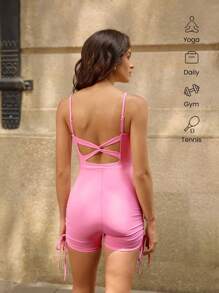 SHEIN Sovereign Charm Bộ đồ liền thân bó sát lưng chéo tập yoga dành cho nữ, màu hồng - Hồng - Xem 2