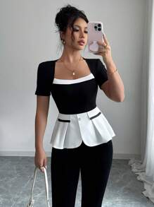 Elenzga Elegant Contrast Color Blocking Fitted Waist Short Sleeve T-Shirt, Summer , Peplum Top - Black and White - View 1