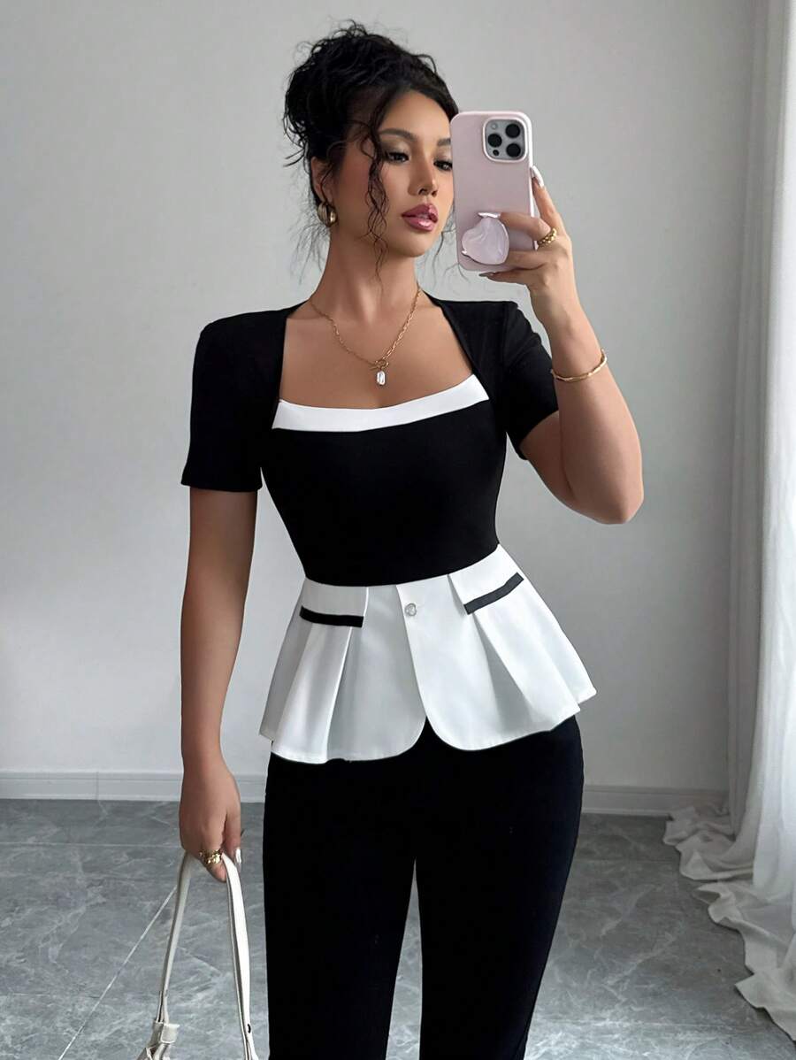 Elenzga Elegant Contrast Color Blocking Fitted Waist Short Sleeve T-Shirt, Summer , Peplum Top - Black and White - View 1