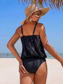 Swim Lushoire 2pcs/Set Solid Color Loose Pleated Padded Triangle Cup Strap Casual Holiday Swimsuit For Summer Beach Vacation