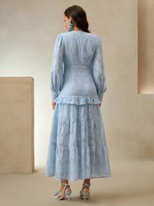 Anewsta Đầm Maxi Thanh Lịch Cổ Chữ V Tay Phồng Thắt Eo Trang Phục Nữ - Màu xanh lam - Xem 2