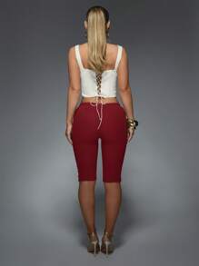 MISSGUIDED Textured Knit Capri Biker Shorts High Waist Workout Athletic Running Shorts Thigh Length Compression Shorts - Red - View 2