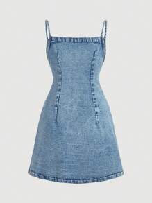 SHEIN MOD MOD 女式牛仔背带裙休闲修身迷你连衣裙 - 淺色水洗藍 - 查看 2