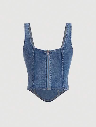 SHEIN MOD Women Square Neck Asymmetric Hem Sleeveless Denim Blouse
