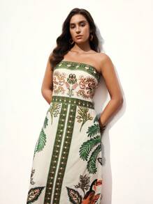 Maija Plus Size Women's Tropical Floral Print Bandeau Maxi Dress, Elegant Holiday Style - Multicolor - View 6