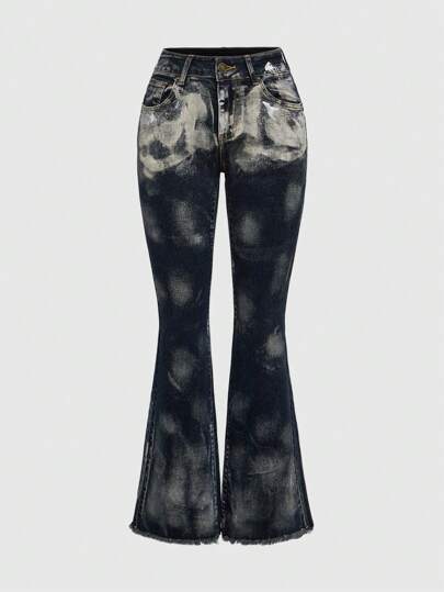 Grunge Punk Jeans évasés à taille basse et sexy pour femme avec imprimé vintage et motif de teinture métallique avec nœud papillon