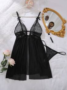 2pcs/Set Romantic Lace Patchwork Sexy Nightgown Babydoll UnderwearOuter