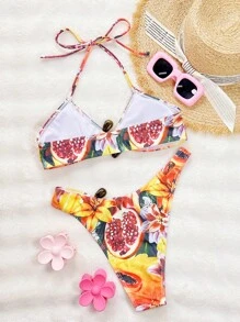 Swim SXY Exotic Fruit & Floral Pattern Drawstring Halter S-Shape Metal Hardware Sexy Beach Bikini Set For Women For Summer Beach Vacation - Multicolor - View 3
