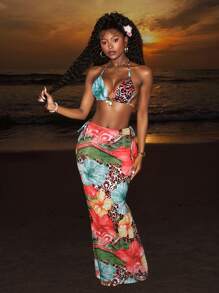 Slaydiva 2025 Spring/Summer New Romantic Beach Party Personalized Dopamine Colorful Leopard Floral Print Sheer Mesh Bralette & Fish Tail Skirt Bikini Swimwear Set, Western Wear Women - Multicolor - View 1