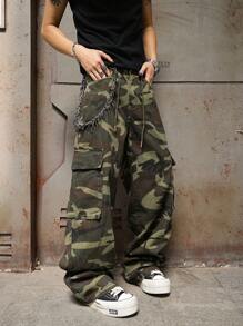 Manfinity EMRG Men's Casual Camo Print Cargo Denim Jeans Cargo Wide Leg Pants Men Baggy Camo Wide Leg Pants Baggy Going Out Urban Hang Out Street Vacation - Army Green - View 3