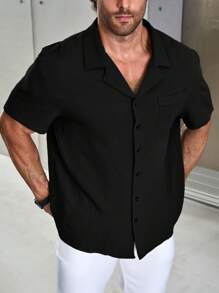 Manfinity Homme 大码男士纯色短袖单排扣休闲纽扣衬衫，夏季，男士黑色纽扣衬衫，男士纽扣衬衫 - 黑色 - 查看 4