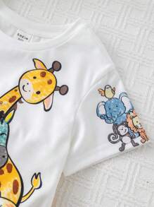 SHEIN Bộ 2 món/Bộ áo thun tay ngắn in hình động vật hoạt hình dễ thương cho bé trai/bé gái & quần short cạp chun, mùa hè - Nhiều màu - Xem 8