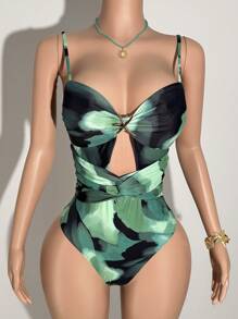 Slaydiva Costume da bagno intero con stampa tropicale e gonna con nodo sulla parte anteriore