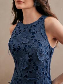 Anewsta Váy ren hoa cổ yếm cho nữ, váy bó thanh lịch, mùa hè, lễ hội, ngày lễ, kỳ nghỉ, thanh lịch, giản dị - Màu xanh hải quân - Xem 5