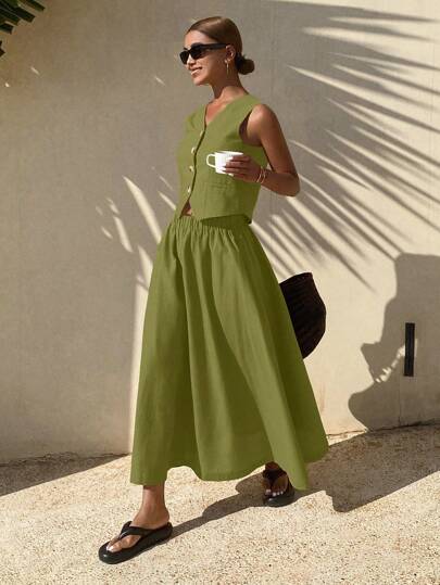 DAZY Women 2pcs/Set: Solid Color V-Neck Vest And Skirt, Casual Summer Linen