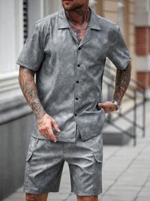 Manfinity Homme 男士扎染印花前纽扣短袖衬衫和短裤套装