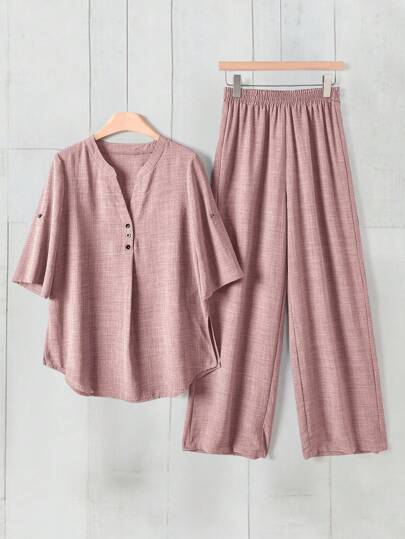 Rusticease Casual Daily Wear Notched Neck Short Sleeve Top And Elastic Waist Long Pants Women's Summer Clothes European Summer Streetwear Women Country Outfits Women Country Concert Outfit Women Clothes Streetwear Women Streetwear Women  European Summer Women's Summer Clothes
