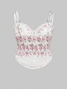 ROMWE Fairycore Plus Size Women's Summer Small Ditsy Floral Camisole Top With Spaghetti Straps And Bow Accent - Multicolor - View 2