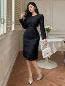 DAZY 优雅女士高端蕾丝镶嵌黑色连衣裙，返校服，秋季连衣裙长袖连衣裙 - 黑色 - 查看 3