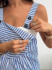 SHEIN Striped Long Square Neck Strap Jumpsuit With Pockets For Maternity - Blue - View 7