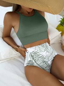SHEIN Swim Conjunto de tankini con estampado de plantas tropicales y escote halter para mujer, ideal para la playa en verano - Verde - Ver 1
